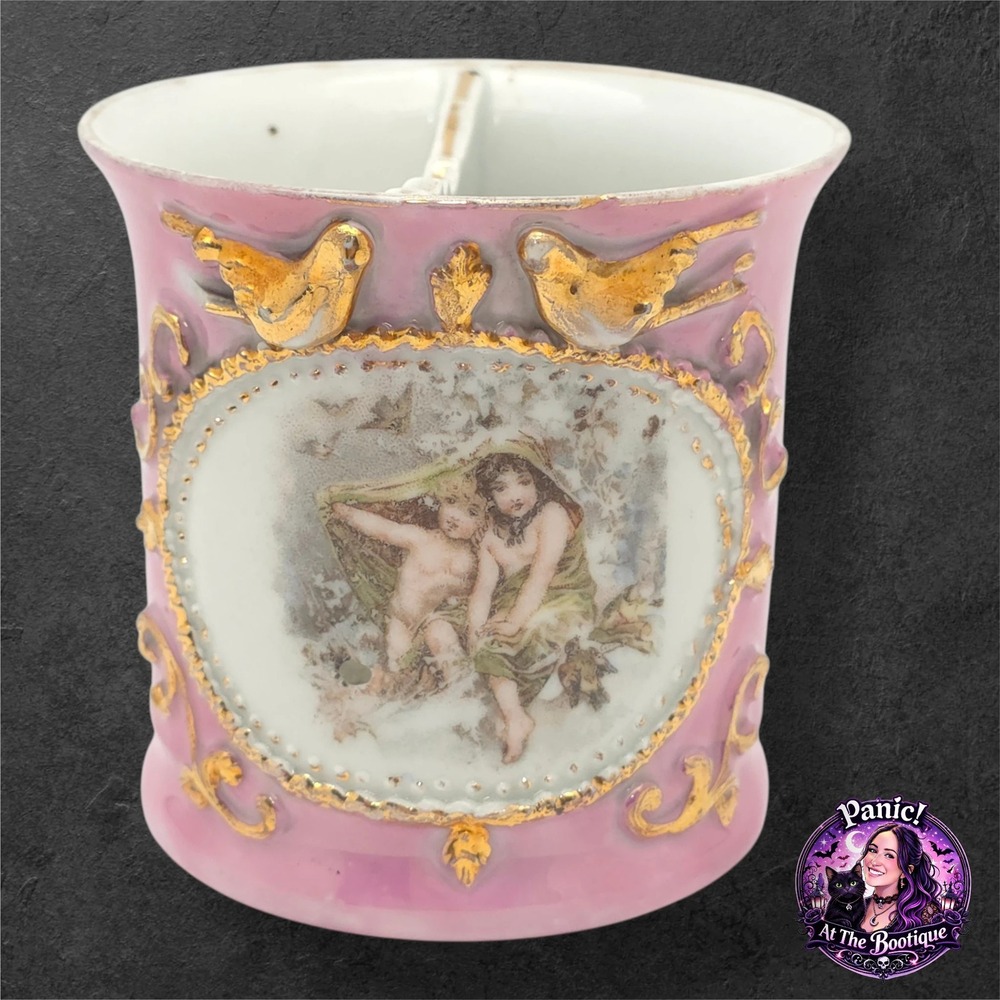 Shaving Scuttle Mug Pink Gold Cherub Birds Victorian Romantic Antique 1900s‎ Vtg